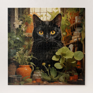 Puzzle Gato Negro Con Plantas De Interior