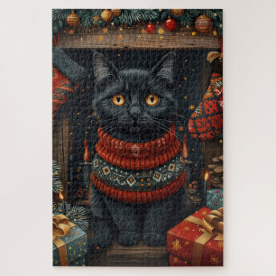Puzzle Gato Negro con Regalos de Navidad Chimenea
