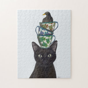 Puzzle Gato negro con tatuajes y pájaro negro