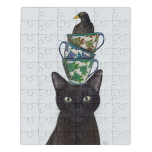 Puzzle Gato negro con tatuajes y pájaro negro