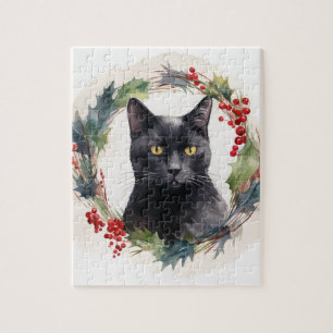 Puzzle Gato Negro Corona de Navidad Gatito Festivo