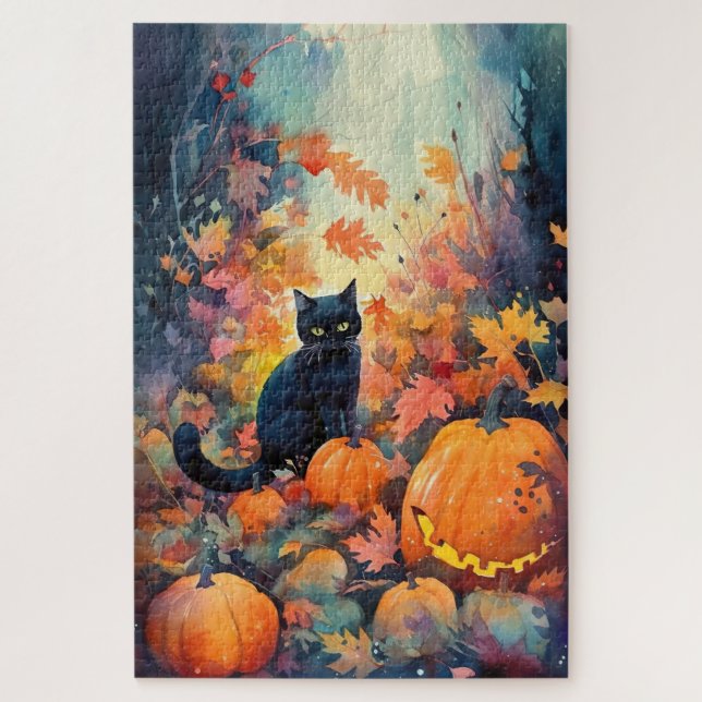 Puzzle Gato negro de Halloween con calabazas aterradoras (Vertical)