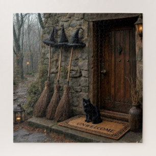 Puzzle Gato negro de Halloween en una alfombra de bienven