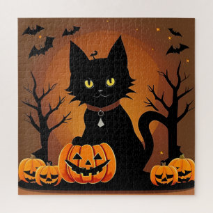 Puzzle Gato negro de Halloween rodeado de Jack-o'-Lantern