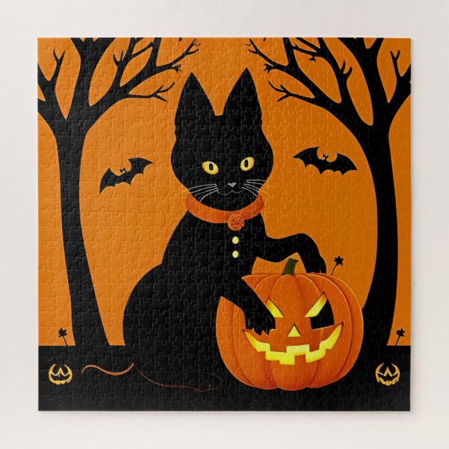 Puzzle Gato negro de Halloween rodeado de Jack-o'-Lantern (Vertical)