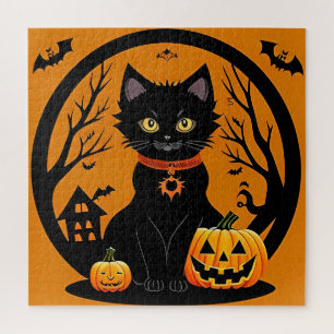 Puzzle Gato negro de Halloween rodeado de Jack-o'-Lantern