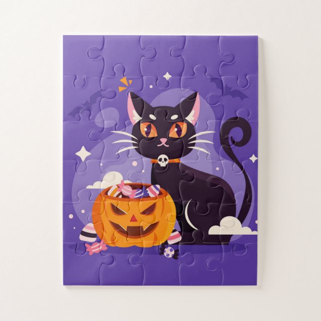 Puzzle Gato negro de Halloween y calabaza (Vertical)
