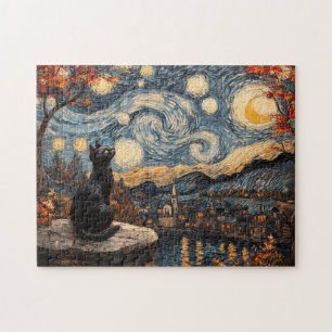 Puzzle Gato negro de noche estrellada