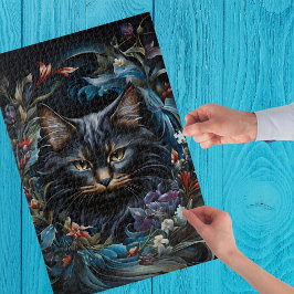 Puzzle Gato negro detrás del remolino de flores y hojas