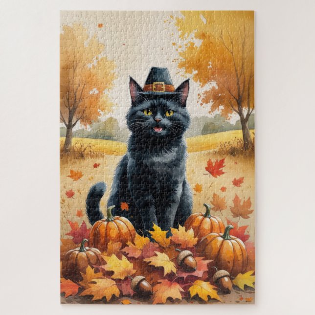 Puzzle Gato negro en otoño deja arte de Acción de Gracias (Vertical)