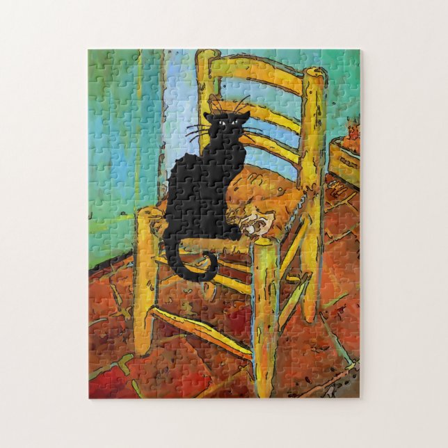 Puzzle Gato negro en silla de madera (Vertical)