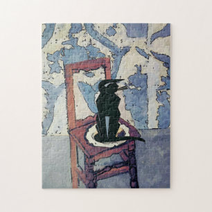Puzzle Gato negro en silla de madera