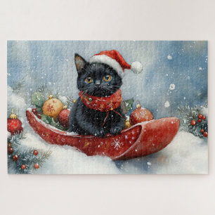 Puzzle Gato Negro en Trineo Deja que Nieve Navidad