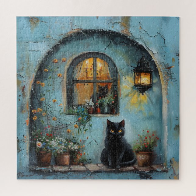 Puzzle Gato negro en una alcoholra azul (Vertical)