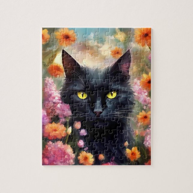 Puzzle Gato negro Flores Gato 736 (Vertical)