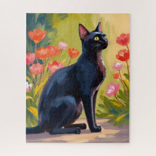 Puzzle Gato negro   Gatito mascota acuarela flores pintad