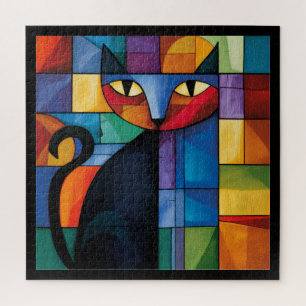 Puzzle Gato negro geométrico en vidrio emplomado en cuadr