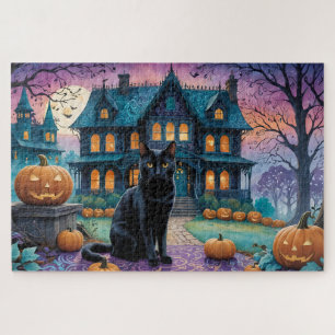 Puzzle Gato negro Guay, faroles Jack O, casa fantasmal