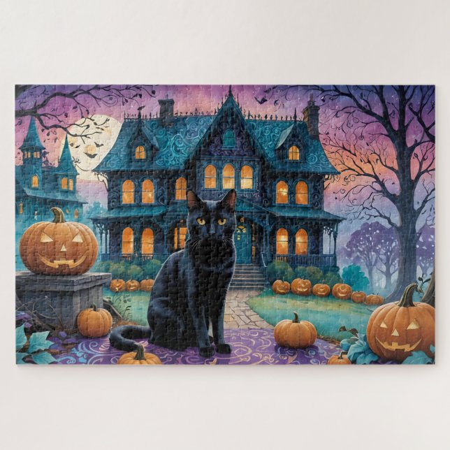 Puzzle Gato negro Guay, faroles Jack O, casa fantasmal (Horizontal)