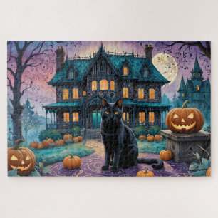 Puzzle Gato negro Guay, faroles Jack O, casa fantasmal