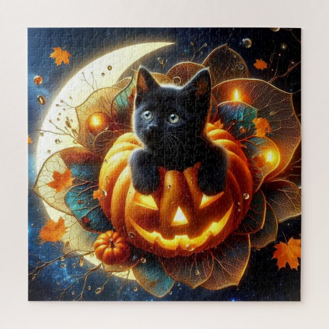 Puzzle Gato negro, Jack-o-lantern y Luna Cresent (Vertical)