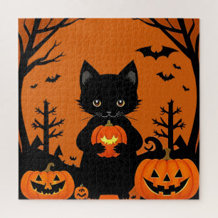 Puzzle Gato negro lindo con calabazas de Halloween