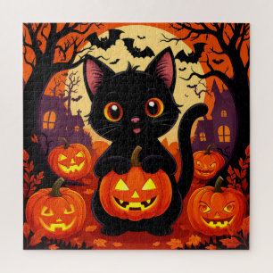 Puzzle Gato negro lindo con calabazas de Halloween