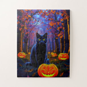 Puzzle Gato negro lindo con calabazas de Halloween
