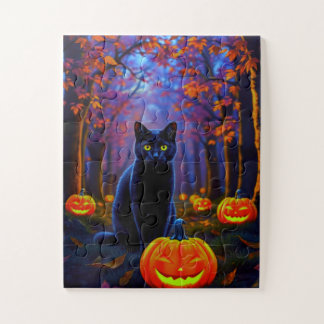 Puzzle Gato negro lindo con calabazas de Halloween