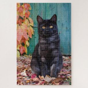Puzzle Gato negro lindo con puerta azul de hojas rojas -