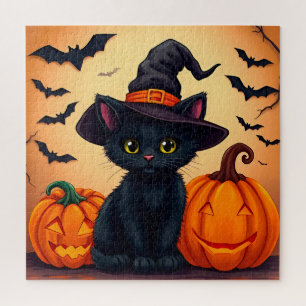 Puzzle Gato negro lindo con sombrero de bruja rodeado de