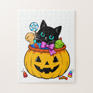 Puzzle Gato negro lindo en calabaza de Jack-O'-Lantern Ha