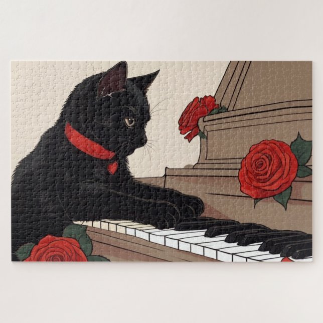 Puzzle Gato negro lindo jugando al piano (Horizontal)