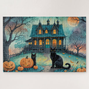 Puzzle Gato negro, linternas Jack O, Halloween en casa fa