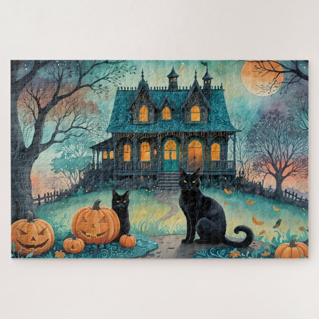 Puzzle Gato negro, linternas Jack O, Halloween en casa fa (Horizontal)
