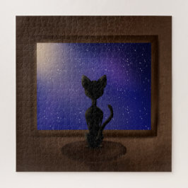 Puzzle Gato negro mirando las estrellas del cielo nocturn