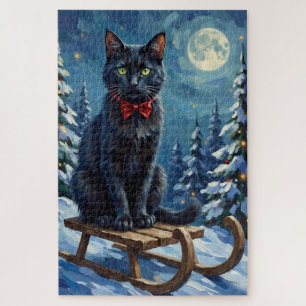 Puzzle Gato Negro Místico Trineo de Invierno Encantado Na