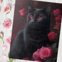 Gato negro místico y rosas florecientes