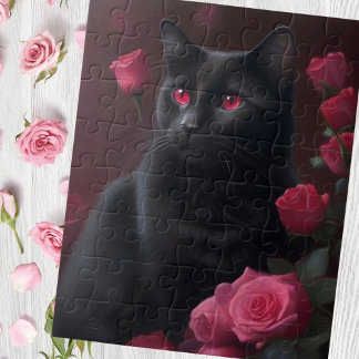 Puzzle Gato negro místico y rosas florecientes
