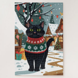 Puzzle Gato Negro Navidad Nieve Fiesta