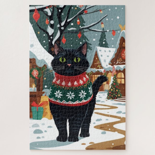 Puzzle Gato Negro Navidad Nieve Fiesta (Vertical)
