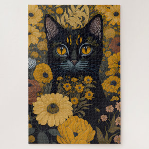Puzzle Gato Negro Ojos Amarillos Flores Vintage