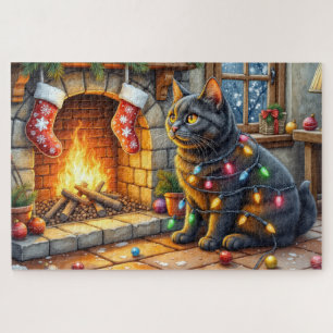 Puzzle Gato Negro Sentado junto a Chimenea con Luces de N