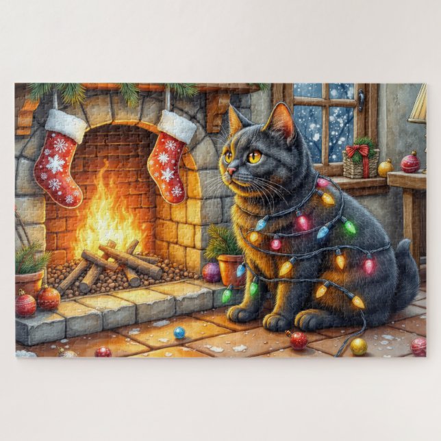 Puzzle Gato Negro Sentado junto a Chimenea con Luces de N (Horizontal)