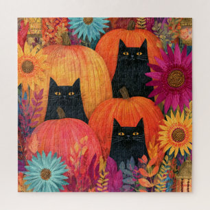Puzzle Gato negro vigilante, calabazas de otoño