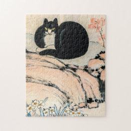 Puzzle Gato negro vintage y narciso de Zhu Ling