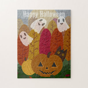 Puzzle Gato negro y fantasmas de Halloween, calabaza de o