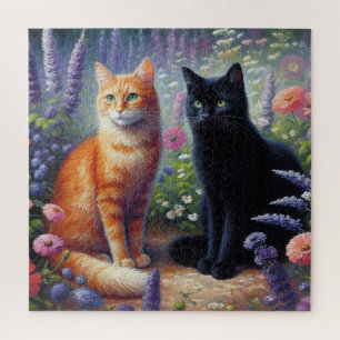 Puzzle Gato negro y gato Naranja con flores silvestres