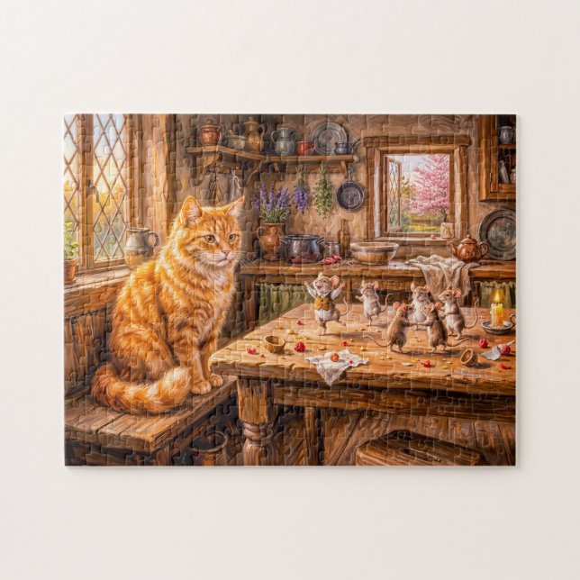 Puzzle Gato observando ratones bailar en la cocina (Horizontal)