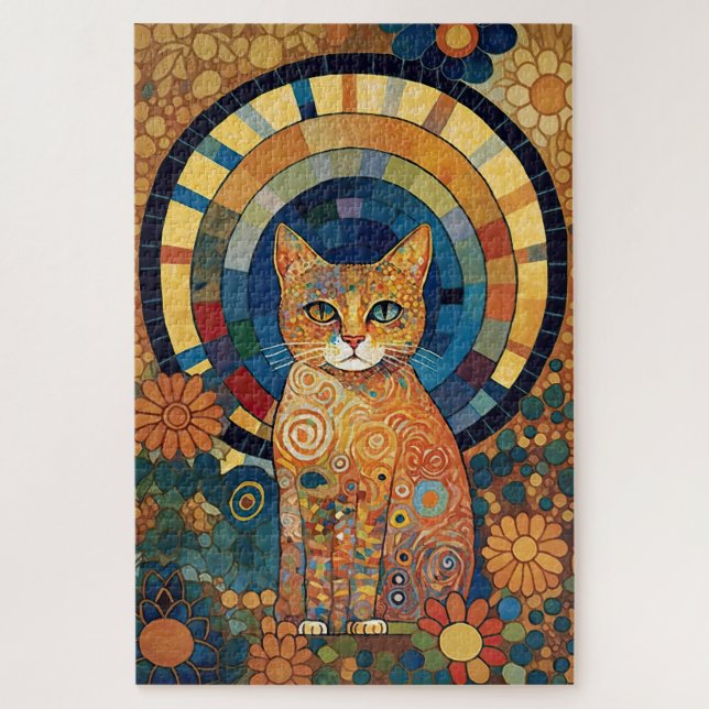Puzzle Gato opalescente en diseño románico de estilo mosa (Vertical)